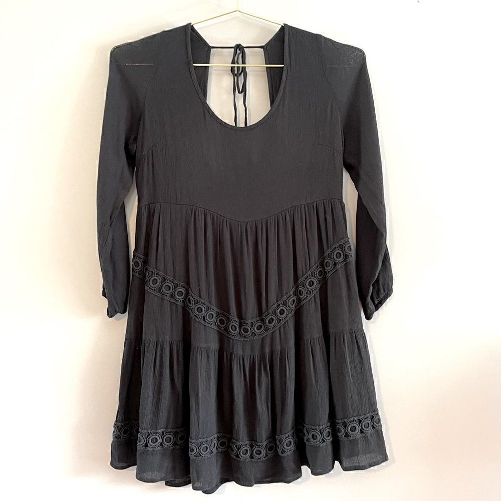 Lovers + Friends Babydoll Boho Long Sleeve Crochet Mini Dress || SZ XS || Black